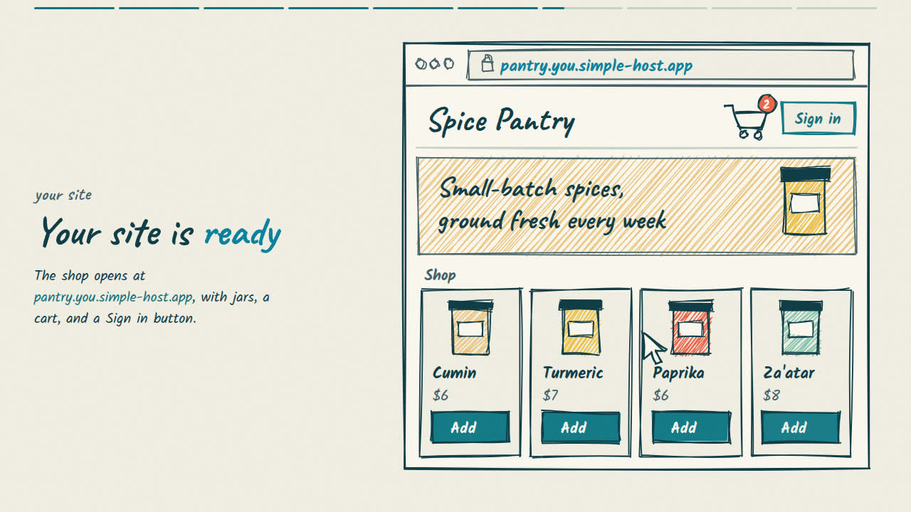 Your site is ready: a spice pantry shop at pantry.you.simple-host.app, with jars, a cart, and a Sign in button.